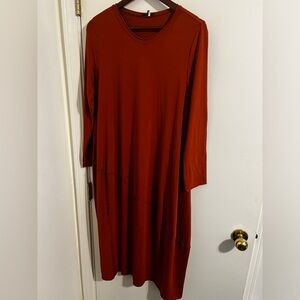 EUC OSKA Jersey Midi Dress Lagenlook LongSleeves Stretch | Rust | size 2 US 8/10